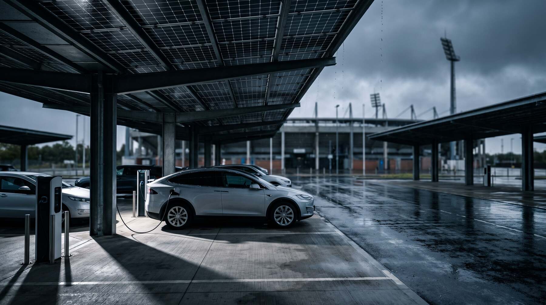 Solarcarport über dem Stadionparkplatz, darunter laden Autos, dahinter das Stadion