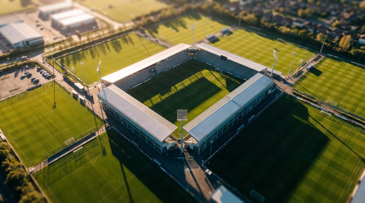 Luftbild eines Stadions mit Trainingsplätzen im Abendlicht
