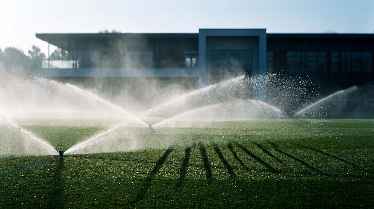 Sprinkler auf einem Trainingsplatz am frühen Morgen, dahinter das Trainingszentrum